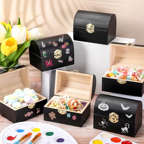 Menkxi 12 Pcs Unfinished Wood Box with Hinged Lid Mini 4.7 x 3.5 x 3.1 Inch Treasure Chest Wooden Jewelry Craft Boxes for DIY Project Party Favor Home Storage Art Craft Making (Black)