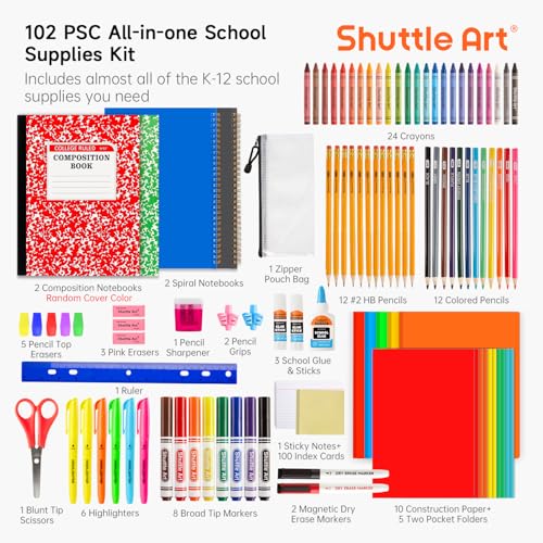 Shuttle Art 102 PCS Back to School Supplies Kit, School Supply Box for Grades K-5, School Supplies for Kids and Students, Including Pencils, Pens, Markers, Erasers, Notebooks, Folders and More