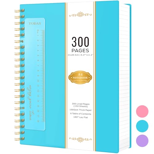 NIRMIRO Large Spiral Notebook, 8.3'' X 11'' Hardcover Bullet Lined Journal Note Book for Women School Work Travel, PVC Cover Diary Notepad, 300 Pages, 100GSM Thick Paper, Blue