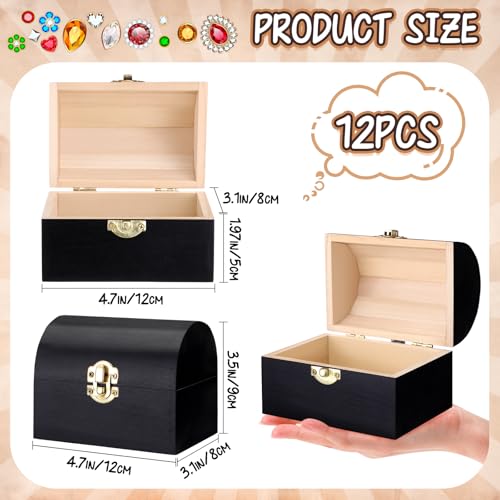 Menkxi 12 Pcs Unfinished Wood Box with Hinged Lid Mini 4.7 x 3.5 x 3.1 Inch Treasure Chest Wooden Jewelry Craft Boxes for DIY Project Party Favor Home Storage Art Craft Making (Black)