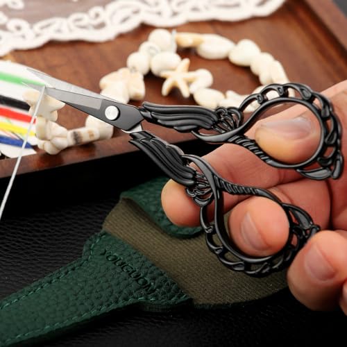 YOUGUOM Sewing Embroidery Scissors with Case Sharp Tip Detail Scissor for Thread Yarn Cross Stitch Crafts Artwork Needlepoint Cutting Knitting Shears Black