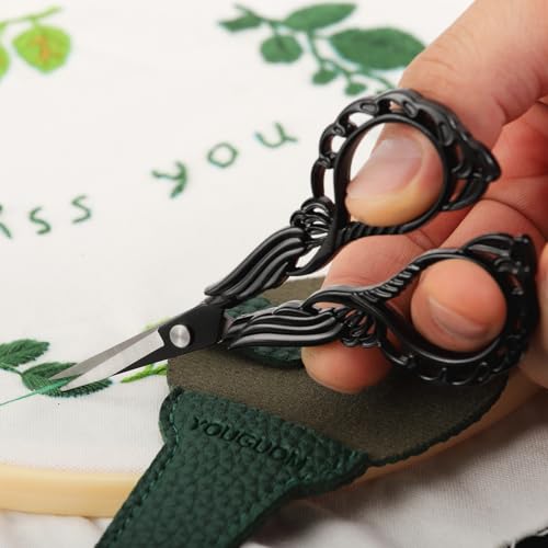 YOUGUOM Sewing Embroidery Scissors with Case Sharp Tip Detail Scissor for Thread Yarn Cross Stitch Crafts Artwork Needlepoint Cutting Knitting Shears Black