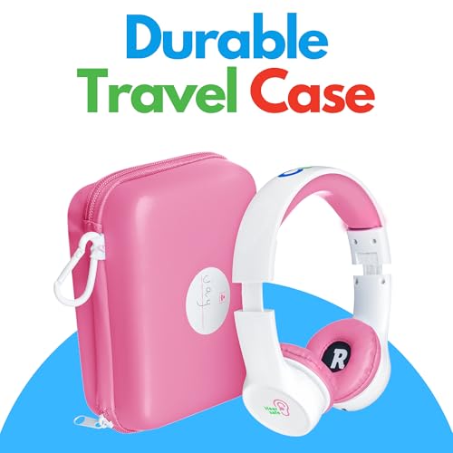 Clevy Kids Headphones Over-Ear 3.5mm Jack Wired Headphones for School - 5ft Tangle-Free Cord with HD Mic, 85dB Volume Limited for iPad/Computer, Foldable Girls/Boys Durable Carrying Case (Pink)