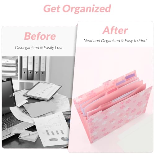 SKYDUE Expanding File Folder with 5 Pockets, Accordion File Organizer,Portable Receipt Paper Documents Organizer,Letter Size Filing Folder School Office Supplies,Pink