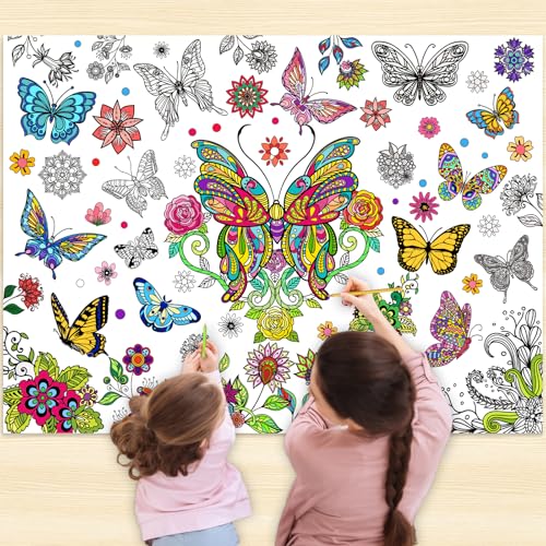 HAPMARS Giant Coloring Poster, Painting Tablecloth 43.3 x 31.5 Inch, Jumbo Paper Coloring Banner, DIY Art Crafts Drawing Poster, Gifts for Kids Art Activities Parties Wall Decoration(Butterfly)