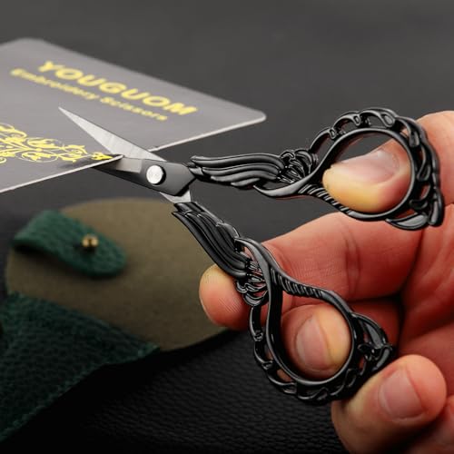 YOUGUOM Sewing Embroidery Scissors with Case Sharp Tip Detail Scissor for Thread Yarn Cross Stitch Crafts Artwork Needlepoint Cutting Knitting Shears Black