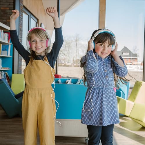 Clevy Kids Headphones Over-Ear 3.5mm Jack Wired Headphones for School - 5ft Tangle-Free Cord with HD Mic, 85dB Volume Limited for iPad/Computer, Foldable Girls/Boys Durable Carrying Case (Pink)