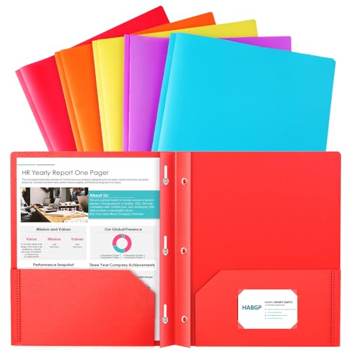 HABGP 5 Folders with Pockets and Prongs, 2 Pocket 3 Prong Folders with Business Card Holder, Heavy Duty Plastic File Folders for Documents Office School Supplies, Letter Size 5 Bright Colors 5 Pack