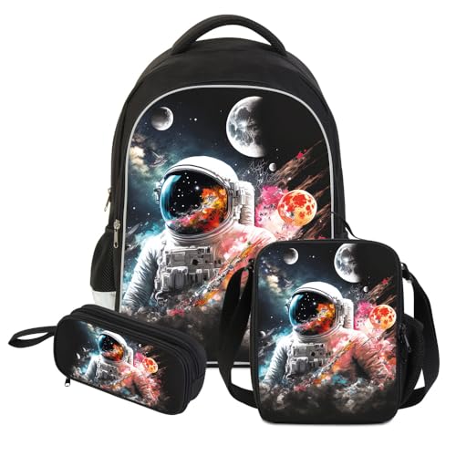 ZRENTAO 3 Pcs Kids Backpack, 3D Reflective Cartoon, 600D Polyester & Dual Zippers, 17" Bookbag with Ergonomic Design for boys & girls age 6-18, Astronaut Space Style for school Children Kids