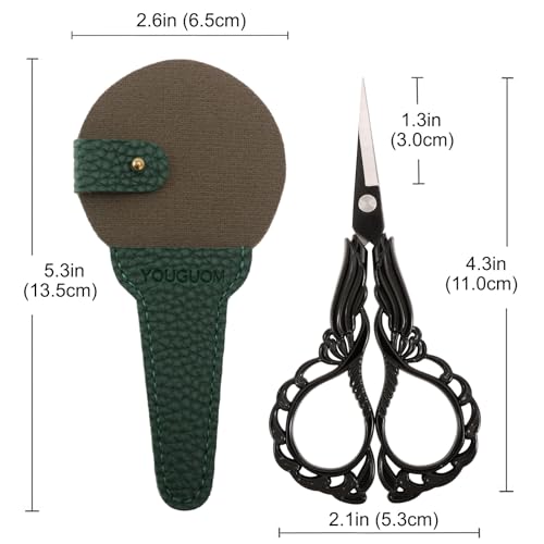 YOUGUOM Sewing Embroidery Scissors with Case Sharp Tip Detail Scissor for Thread Yarn Cross Stitch Crafts Artwork Needlepoint Cutting Knitting Shears Black
