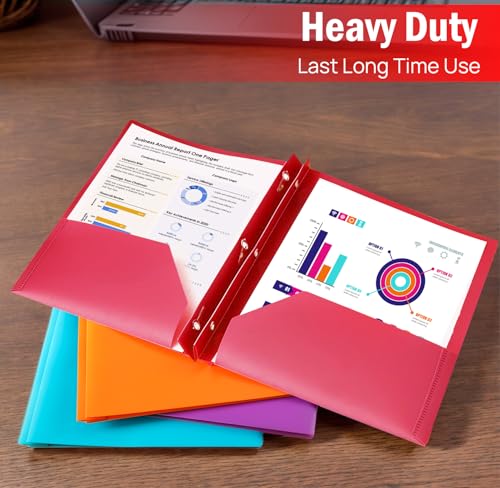 HABGP 5 Folders with Pockets and Prongs, 2 Pocket 3 Prong Folders with Business Card Holder, Heavy Duty Plastic File Folders for Documents Office School Supplies, Letter Size 5 Bright Colors 5 Pack