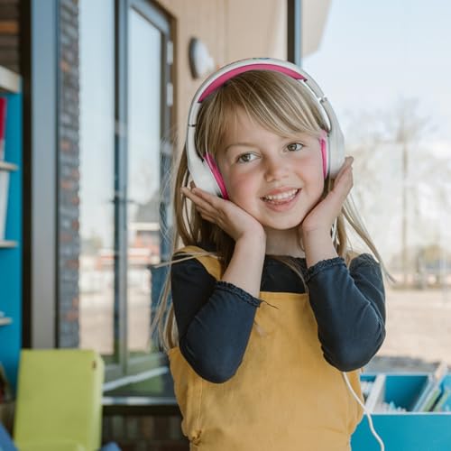 Clevy Kids Headphones Over-Ear 3.5mm Jack Wired Headphones for School - 5ft Tangle-Free Cord with HD Mic, 85dB Volume Limited for iPad/Computer, Foldable Girls/Boys Durable Carrying Case (Pink)