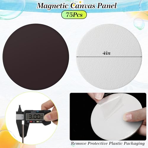 Nezyo 75 Pieces Magnetic Painting Canvas Panel Mini Canvas Boards Round Mini Canvases Mini Tile Art for Painting Magnetic Fridge Locker Art Paints Crafts DIY Kit (4 Inch)