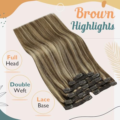 Ve Sunny Clip in Hair Extensions Human Hair Highlights Brown Clip in Hair Extensions Dark Brown with Caramel Brown Highlights Hair Extensions Clip ins for School 7pcs 120g 20inch