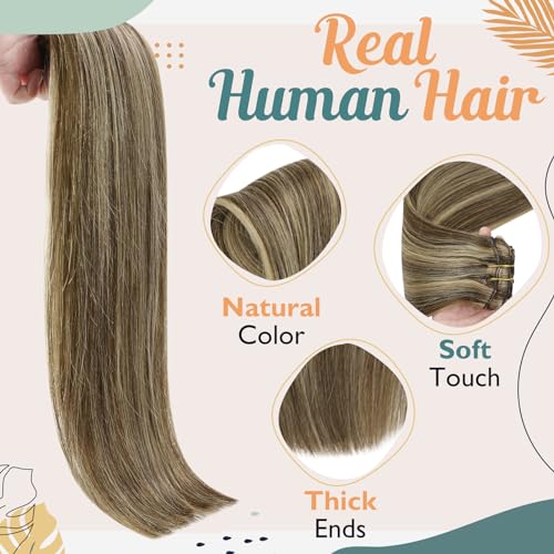 Ve Sunny Clip in Hair Extensions Human Hair Highlights Brown Clip in Hair Extensions Dark Brown with Caramel Brown Highlights Hair Extensions Clip ins for School 7pcs 120g 20inch