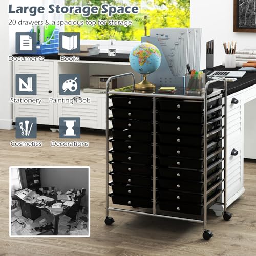 Rolling Cart with 20 Drawers, Utility Cart with Removable Storage Drawers, Lockable Wheels, Art Cart for Home Office Living Room Art Supplies Crafts Paper Scrapbook
