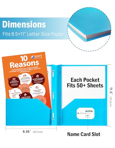 HABGP 5 Folders with Pockets and Prongs, 2 Pocket 3 Prong Folders with Business Card Holder, Heavy Duty Plastic File Folders for Documents Office School Supplies, Letter Size 5 Bright Colors 5 Pack
