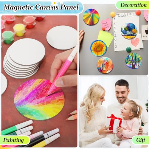 Nezyo 75 Pieces Magnetic Painting Canvas Panel Mini Canvas Boards Round Mini Canvases Mini Tile Art for Painting Magnetic Fridge Locker Art Paints Crafts DIY Kit (4 Inch)