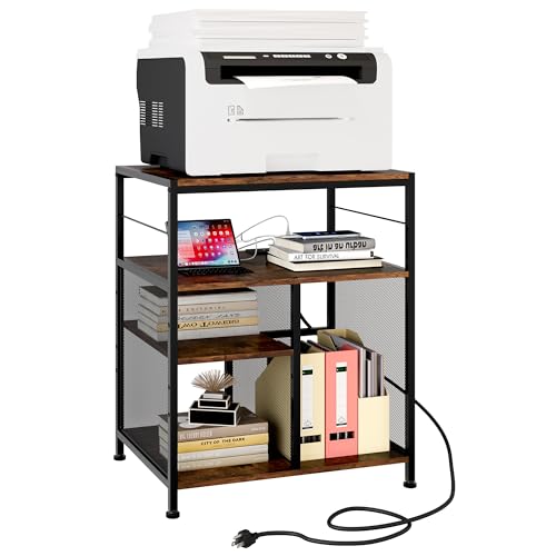 superbpag Printer Stand, 4 Tier Printer Table with Power Outlets and USB Charging Port, Adjustable Storage Shelf for Printer Scanner Fax CPU Shredder Use, 21.7" W x 15.7" D x 26.5" H, Rustic Brown