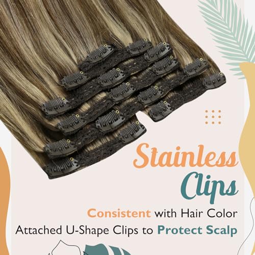Ve Sunny Clip in Hair Extensions Human Hair Highlights Brown Clip in Hair Extensions Dark Brown with Caramel Brown Highlights Hair Extensions Clip ins for School 7pcs 120g 20inch