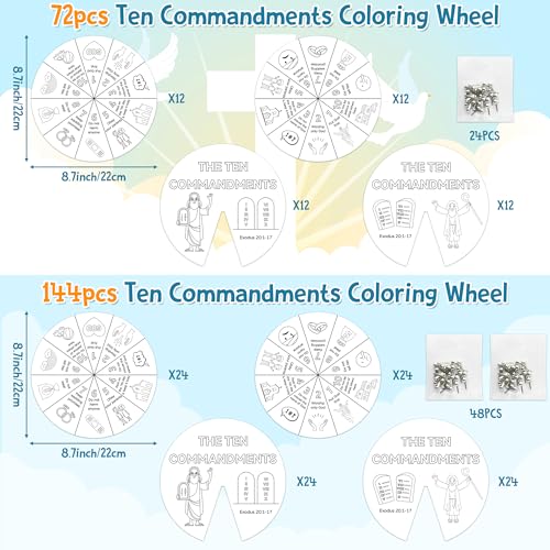 COcnny Ten Commandments Coloring Craft - 48 Sets Color Your Own Religious Art Wheel Kit for Kids, 10 Commandments DIY Craft Art Cards for Sunday School Christian Home Classroom Activities VBS Supplies