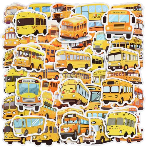 100PCS School Bus Stickers Waterproof Yellow School Bus Decorations, Cute Cartoon Transportation Decals for Kids' Laptops Bottles Notebooks and School Classroom Students DIY Art Decor Crafts(Yellow)