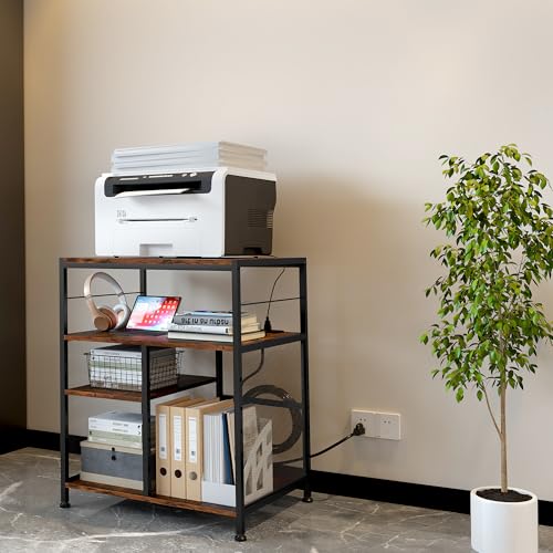 superbpag Printer Stand, 4 Tier Printer Table with Power Outlets and USB Charging Port, Adjustable Storage Shelf for Printer Scanner Fax CPU Shredder Use, 21.7" W x 15.7" D x 26.5" H, Rustic Brown