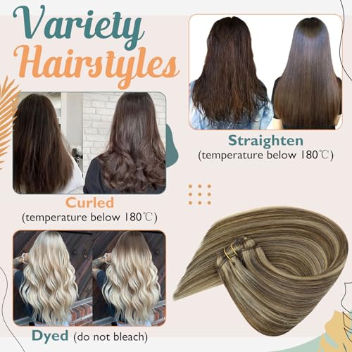 Ve Sunny Clip in Hair Extensions Human Hair Highlights Brown Clip in Hair Extensions Dark Brown with Caramel Brown Highlights Hair Extensions Clip ins for School 7pcs 120g 20inch