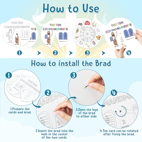 COcnny Ten Commandments Coloring Craft - 48 Sets Color Your Own Religious Art Wheel Kit for Kids, 10 Commandments DIY Craft Art Cards for Sunday School Christian Home Classroom Activities VBS Supplies