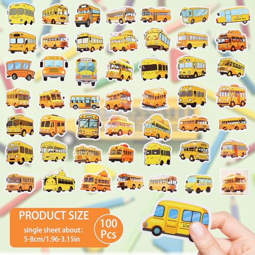 100PCS School Bus Stickers Waterproof Yellow School Bus Decorations, Cute Cartoon Transportation Decals for Kids' Laptops Bottles Notebooks and School Classroom Students DIY Art Decor Crafts(Yellow)