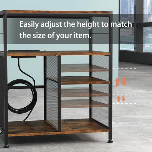 superbpag Printer Stand, 4 Tier Printer Table with Power Outlets and USB Charging Port, Adjustable Storage Shelf for Printer Scanner Fax CPU Shredder Use, 21.7" W x 15.7" D x 26.5" H, Rustic Brown