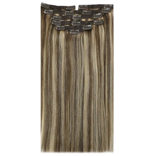 Ve Sunny Clip in Hair Extensions Human Hair Highlights Brown Clip in Hair Extensions Dark Brown with Caramel Brown Highlights Hair Extensions Clip ins for School 7pcs 120g 20inch