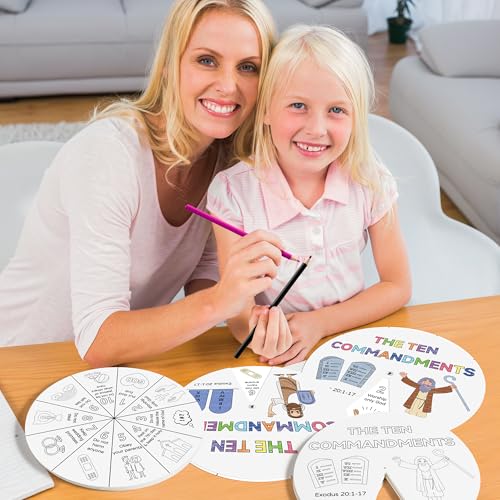 COcnny Ten Commandments Coloring Craft - 48 Sets Color Your Own Religious Art Wheel Kit for Kids, 10 Commandments DIY Craft Art Cards for Sunday School Christian Home Classroom Activities VBS Supplies