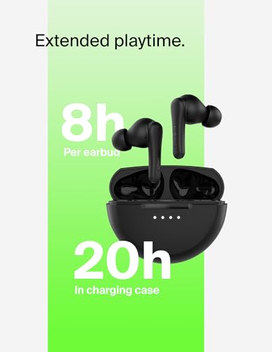 Belkin SoundForm Rhythm True Wireless Earbuds with Built-in Microphone, USB-C Fast Charging, 28H Battery Life, IPX5 Water Resistance - Bluetooth Earbuds for iPhone, iPad, Galaxy, Pixel, & More - Black
