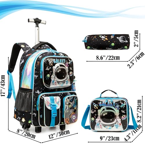 Egchescebo Kids Rolling Backpack for Boys Astronaut Suitcases Trolley Roller Luggage Backpacks on Wheels with Lunch Box Pencil Case for Elementary Multiple Function Pockets Travel School Bag Blue