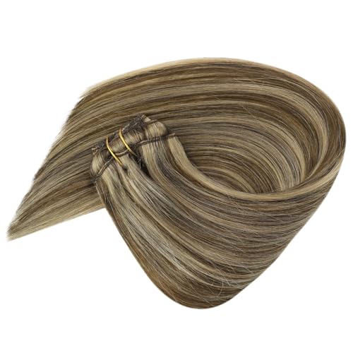 Ve Sunny Clip in Hair Extensions Human Hair Highlights Brown Clip in Hair Extensions Dark Brown with Caramel Brown Highlights Hair Extensions Clip ins for School 7pcs 120g 20inch