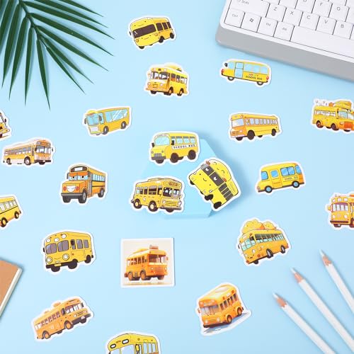 100PCS School Bus Stickers Waterproof Yellow School Bus Decorations, Cute Cartoon Transportation Decals for Kids' Laptops Bottles Notebooks and School Classroom Students DIY Art Decor Crafts(Yellow)