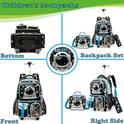 Egchescebo Kids Rolling Backpack for Boys Astronaut Suitcases Trolley Roller Luggage Backpacks on Wheels with Lunch Box Pencil Case for Elementary Multiple Function Pockets Travel School Bag Blue