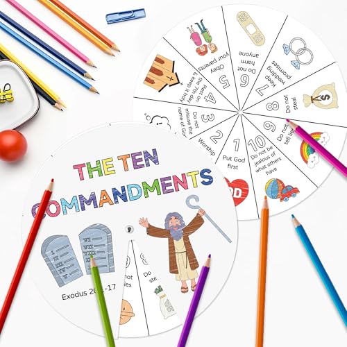 COcnny Ten Commandments Coloring Craft - 48 Sets Color Your Own Religious Art Wheel Kit for Kids, 10 Commandments DIY Craft Art Cards for Sunday School Christian Home Classroom Activities VBS Supplies