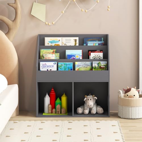 Costzon Kids Bookshelf, Wooden Toy Storage Cabinet Organizer with Shelves & 2 Large Cubes, 2-in-1 Children Bookcase Display Sling Book Rack for Kids Room, Bedroom, Nursery, Kindergarten (Gray)