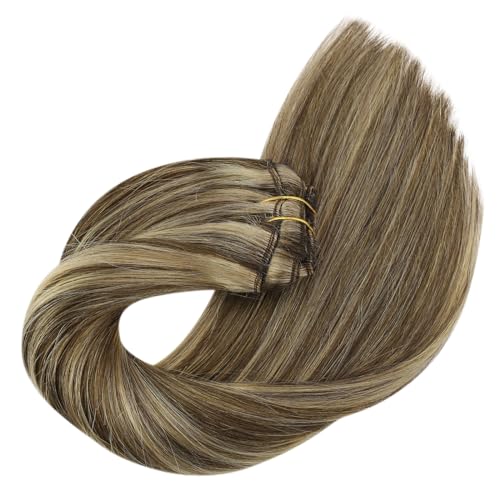 Ve Sunny Clip in Hair Extensions Human Hair Highlights Brown Clip in Hair Extensions Dark Brown with Caramel Brown Highlights Hair Extensions Clip ins for School 7pcs 120g 20inch