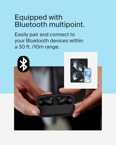 Belkin SoundForm Rhythm True Wireless Earbuds with Built-in Microphone, USB-C Fast Charging, 28H Battery Life, IPX5 Water Resistance - Bluetooth Earbuds for iPhone, iPad, Galaxy, Pixel, & More - Black