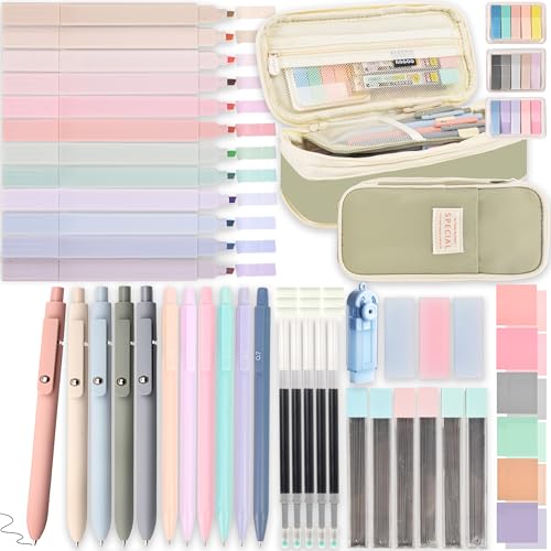 Back to School Aesthetic Supplies - 57Pcs Aesthetic Cute School Essentials - Big Capacity Pen Case & 12 Pastel Highlighters & 5 Ink Gel Pens & 6 Pencils & Eraser Holder, for College Nursing School