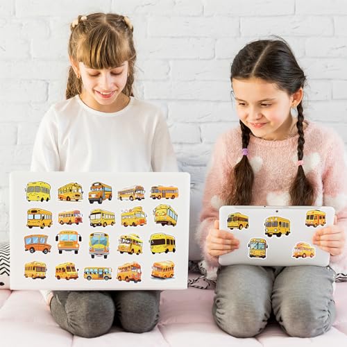 100PCS School Bus Stickers Waterproof Yellow School Bus Decorations, Cute Cartoon Transportation Decals for Kids' Laptops Bottles Notebooks and School Classroom Students DIY Art Decor Crafts(Yellow)