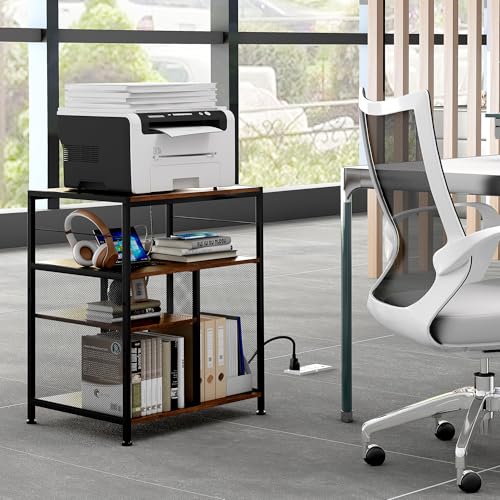 superbpag Printer Stand, 4 Tier Printer Table with Power Outlets and USB Charging Port, Adjustable Storage Shelf for Printer Scanner Fax CPU Shredder Use, 21.7" W x 15.7" D x 26.5" H, Rustic Brown