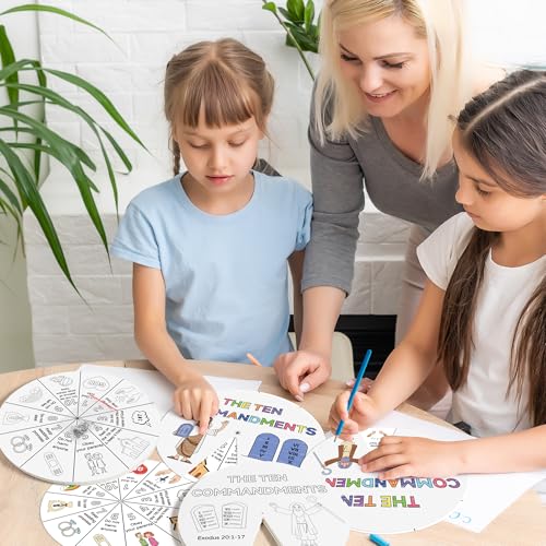 COcnny Ten Commandments Coloring Craft - 48 Sets Color Your Own Religious Art Wheel Kit for Kids, 10 Commandments DIY Craft Art Cards for Sunday School Christian Home Classroom Activities VBS Supplies
