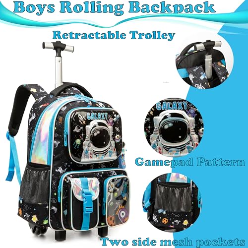 Egchescebo Kids Rolling Backpack for Boys Astronaut Suitcases Trolley Roller Luggage Backpacks on Wheels with Lunch Box Pencil Case for Elementary Multiple Function Pockets Travel School Bag Blue