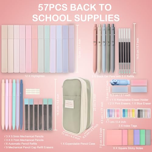 Back to School Aesthetic Supplies - 57Pcs Aesthetic Cute School Essentials - Big Capacity Pen Case & 12 Pastel Highlighters & 5 Ink Gel Pens & 6 Pencils & Eraser Holder, for College Nursing School