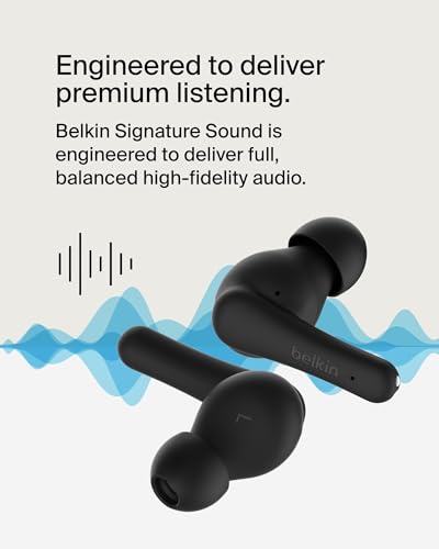 Belkin SoundForm Rhythm True Wireless Earbuds with Built-in Microphone, USB-C Fast Charging, 28H Battery Life, IPX5 Water Resistance - Bluetooth Earbuds for iPhone, iPad, Galaxy, Pixel, & More - Black