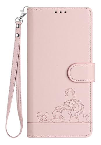 Compatible with Apple iPhone 15 Phone Case Emboss Cat PU Leather Wallet Phone Case RFID Protection 3 Credit Card Slot Kickstand Wrist Strap Pink